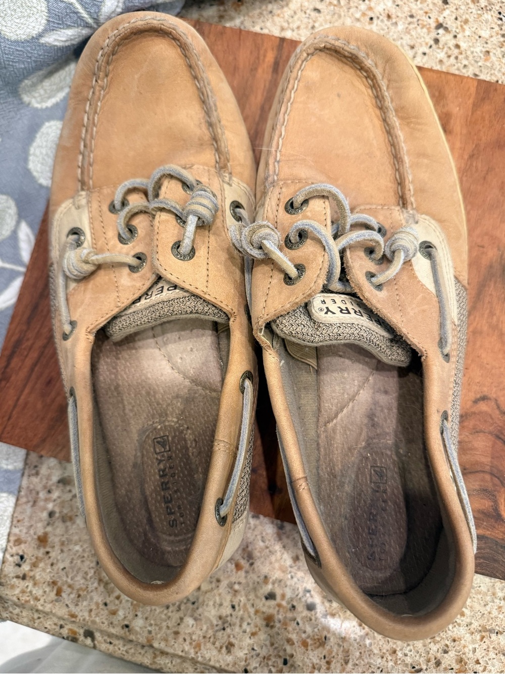 Sperry Tan Leather Boat Shoes with Gray Laces